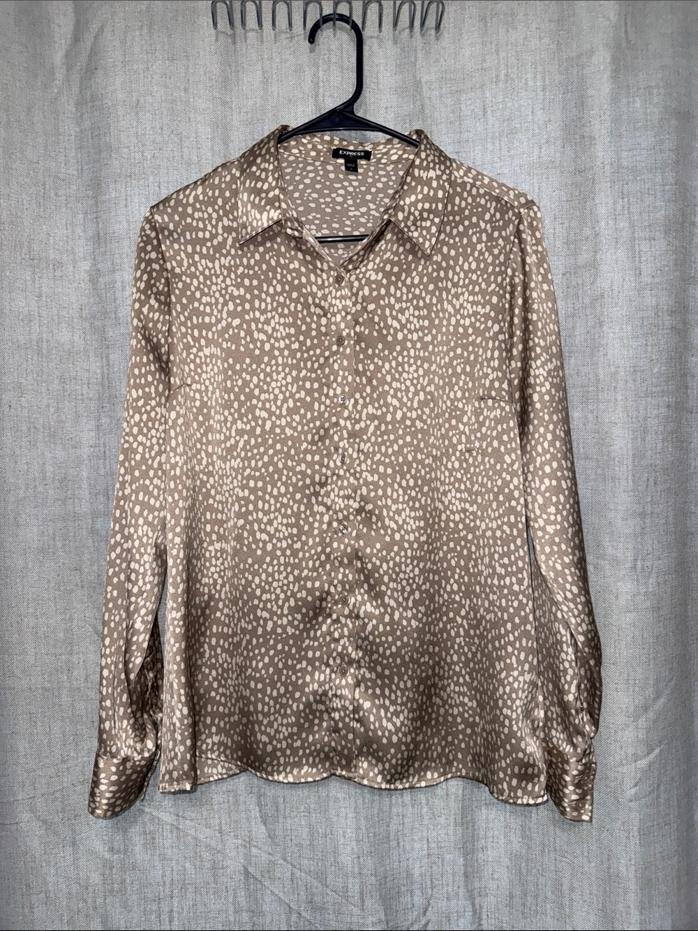 Express Taupe & Cream Satin Dot Button-Down Blouse